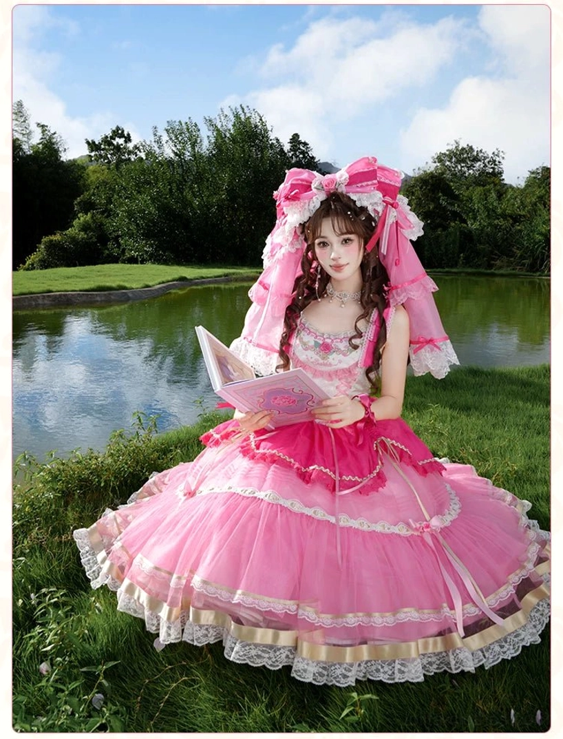 Sweet lolita hime sleeve one-piece princess dress layered lace hem close-up, multi-tiered tulle and lace construction showing volume and movement detail, pink and off-white colors