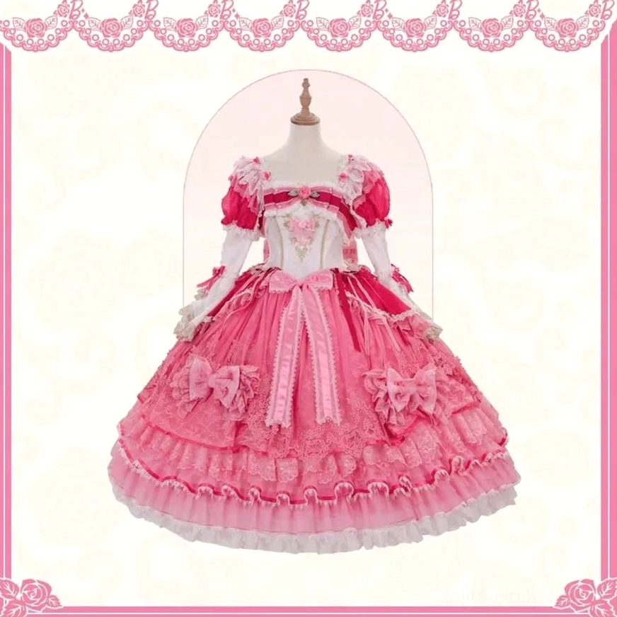 Sweet lolita dress size chart and measurement guide for one-piece OP and jumper skirt JSK, showing bust waist length dimensions in centimeters and inches with fit recommendations