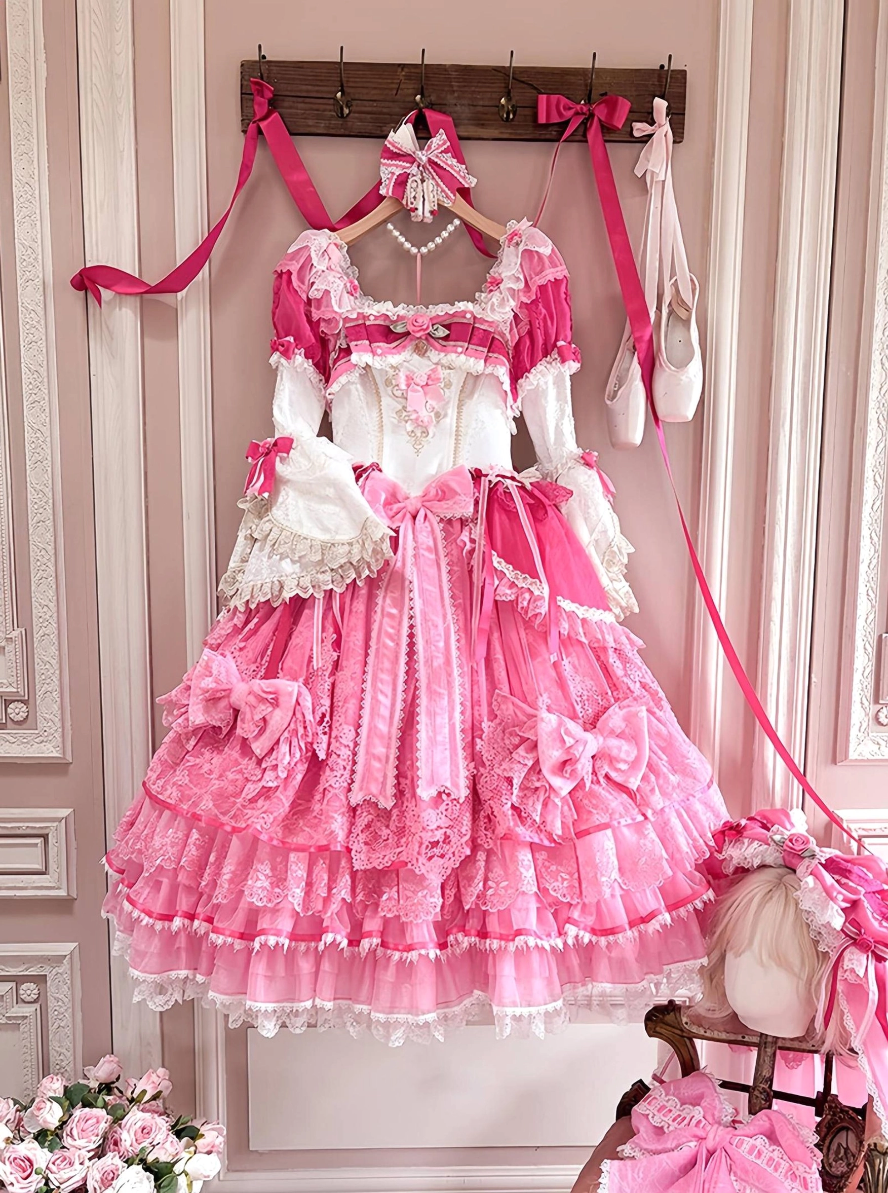 Sweet lolita hime sleeve princess dress one-piece hanging display flat view, rose pink and off-white matching with large satin bows and delicate lace trims, coordinating headdress detail