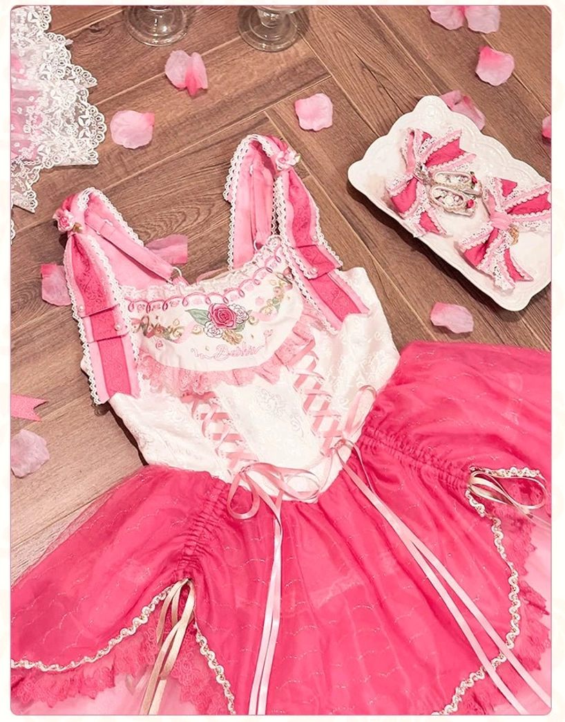 Sweet lolita hime sleeve princess dress one-piece and jumper skirt JSK full ensemble collection view, rose pink off-white floral accents demonstrating versatile styling options for both pieces