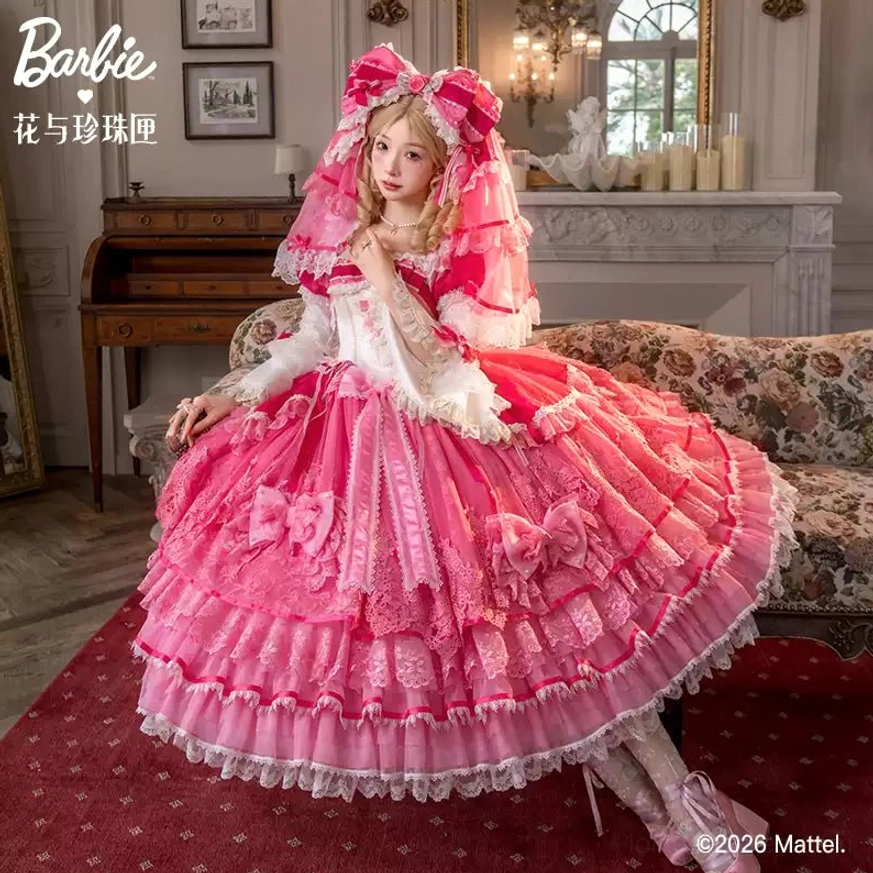 Sweet lolita hime sleeve princess dress full-body front view on European palace sitting room with floral sofa, model in matching headdress, layered ruffled skirt with rose pink and off-white color matching