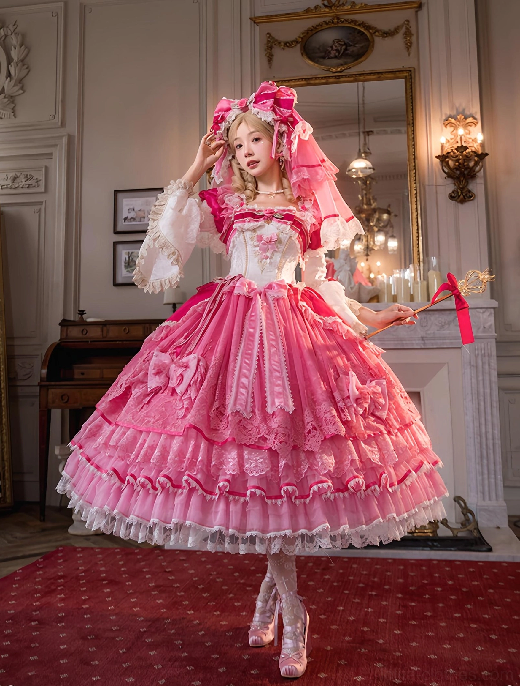 Sweet lolita hime sleeve one-piece princess dress in rose pink and off-white with matching decorative headdress, front full-body indoor view showcasing voluminous layered lace hem and ruffled sleeves in European retro palace setting