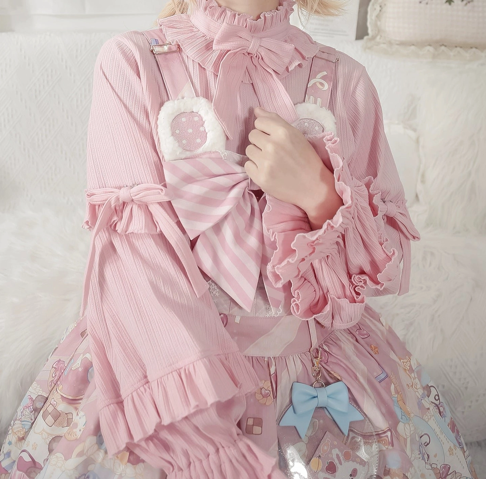 Sweet lolita inner wear fabric texture close-up showing polyester cotton spandex blend vertical ribbed design