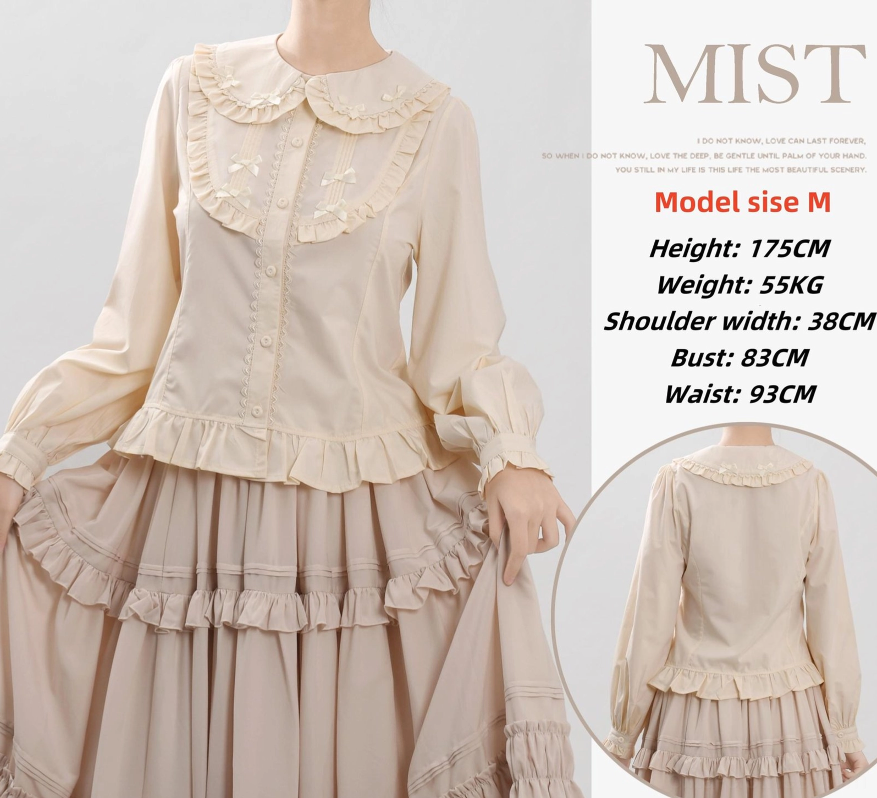 Sweet lolita blouse ivory color doll collar long bubble sleeves delicate ruffles bow trim flat lay display