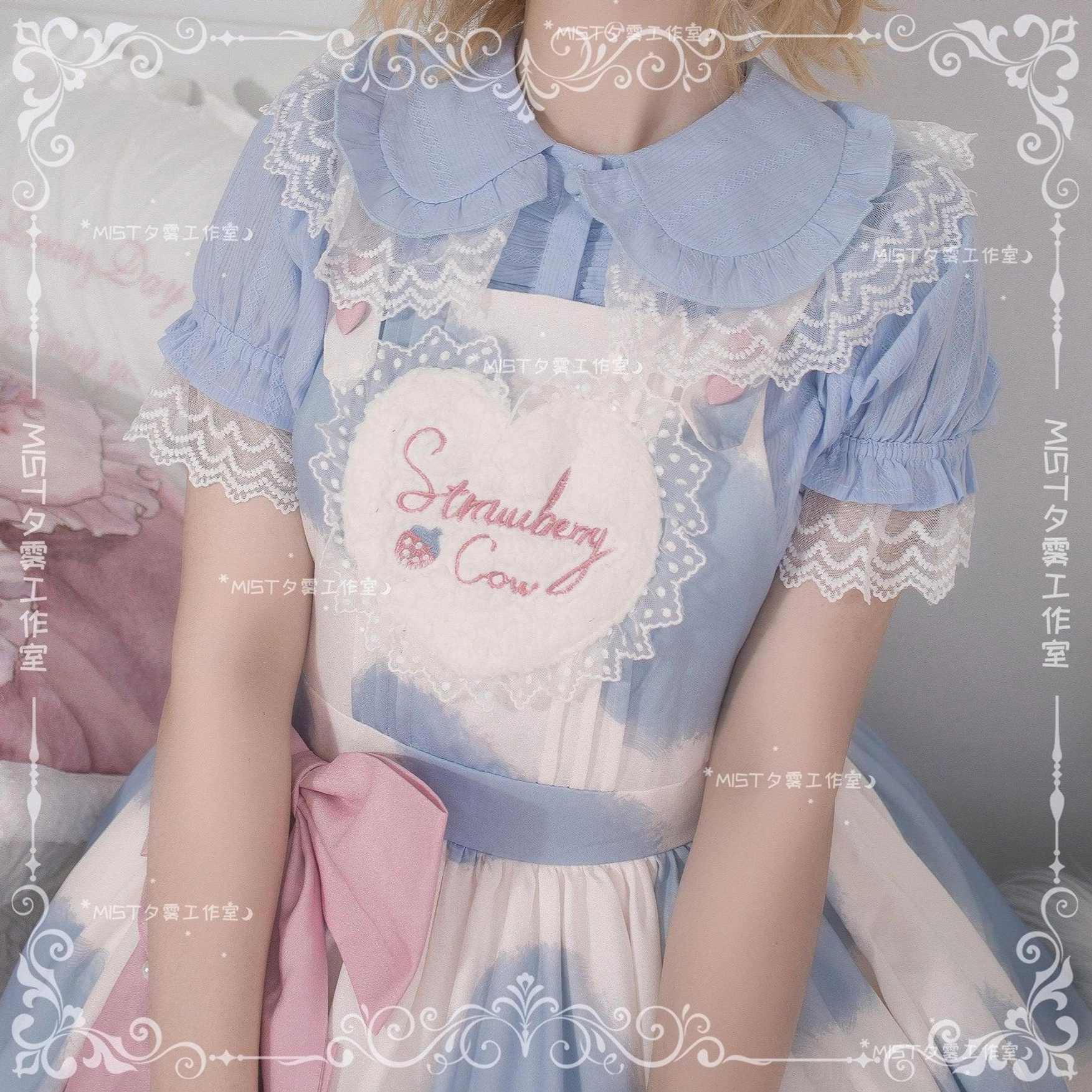 Lolita peter pan collar short sleeve blouse ivory color puff sleeves lace cuffs front button detail close-up