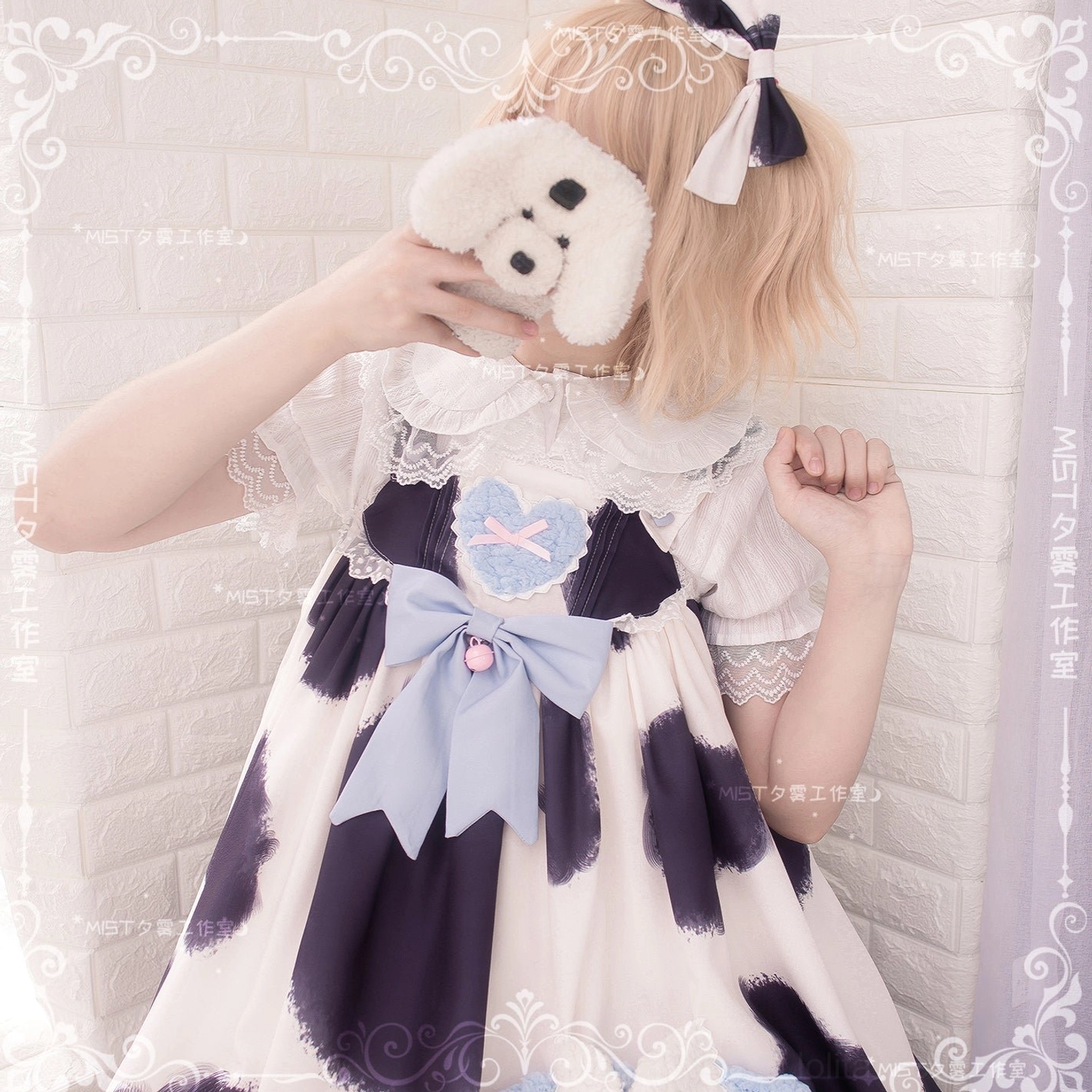Ivory lolita peter pan collar short sleeve blouse puff sleeves lace cuffs pinstripe fabric full view close-up