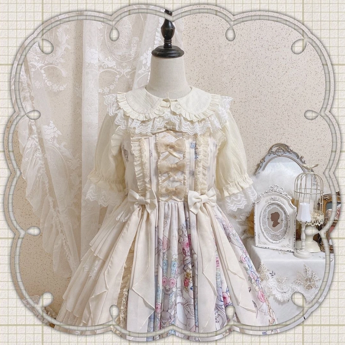 Sweet lolita short sleeve blouse ivory color peter pan collar puff sleeves lace trim full front display angle