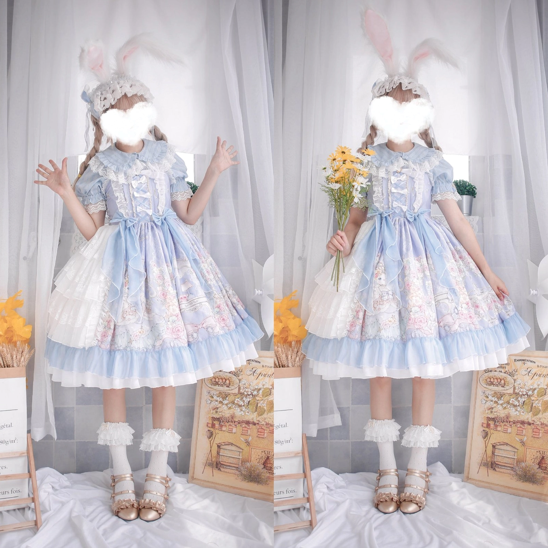 Ivory lolita peter pan collar short sleeve blouse puff sleeves lace cuffs pinstripe detail front view display