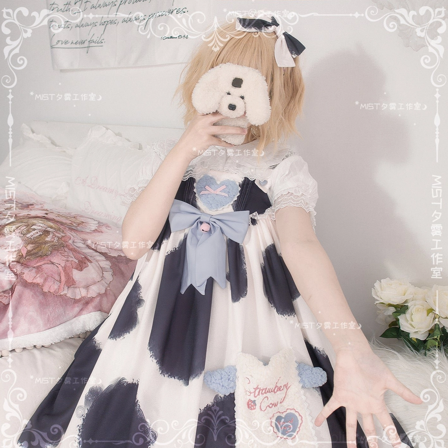 Sweet lolita short sleeve blouse ivory color peter pan collar puff sleeves lace cuffs full view display