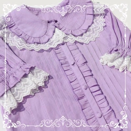 Lolita peter pan collar short sleeve blouse ivory color puff sleeves lace trim pure cotton quality full view angle