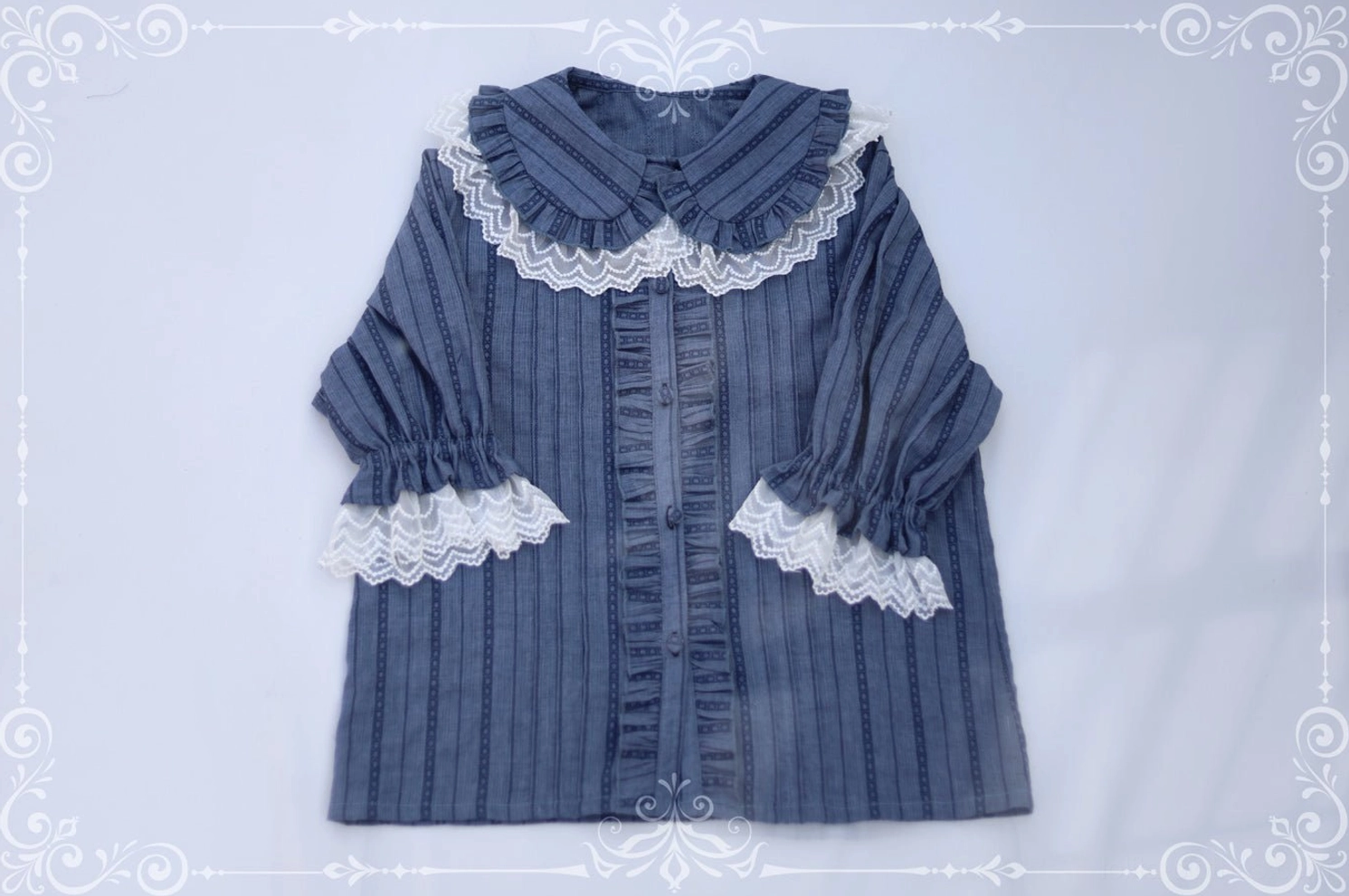 Sweet lolita peter pan collar short sleeve blouse ivory color puff sleeves lace collar ruffled full view display