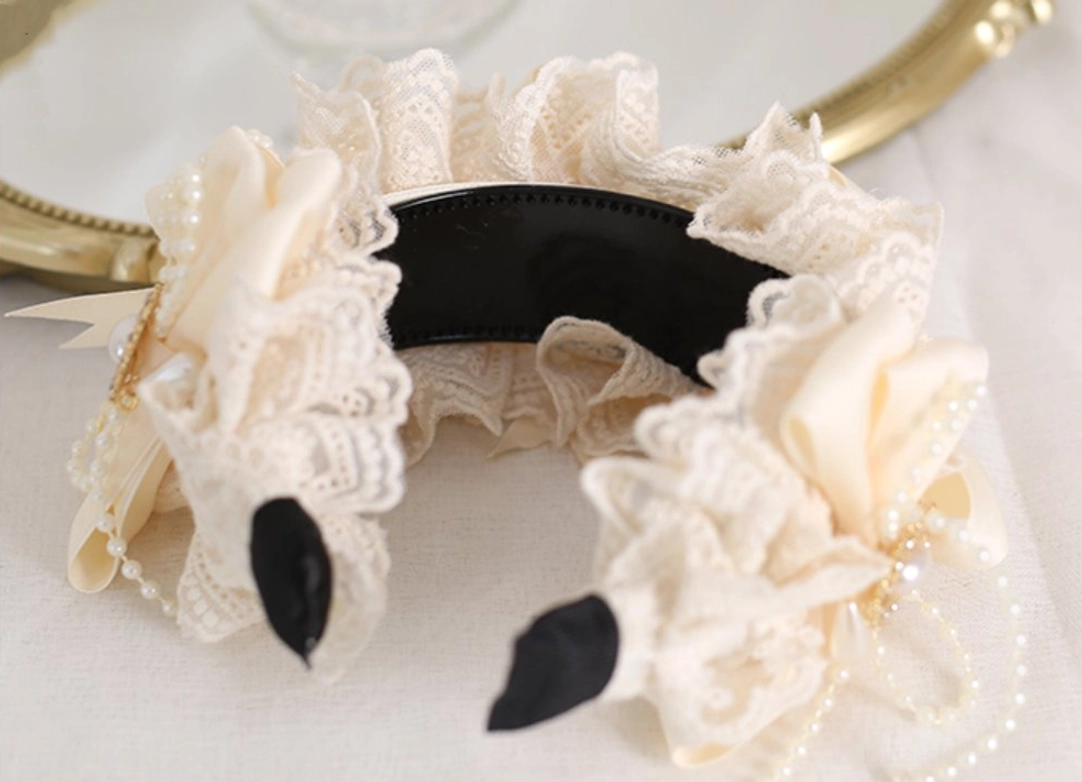 Sweet lolita ivory lace bow headband pearl tassel pendant luxury detail embellishment