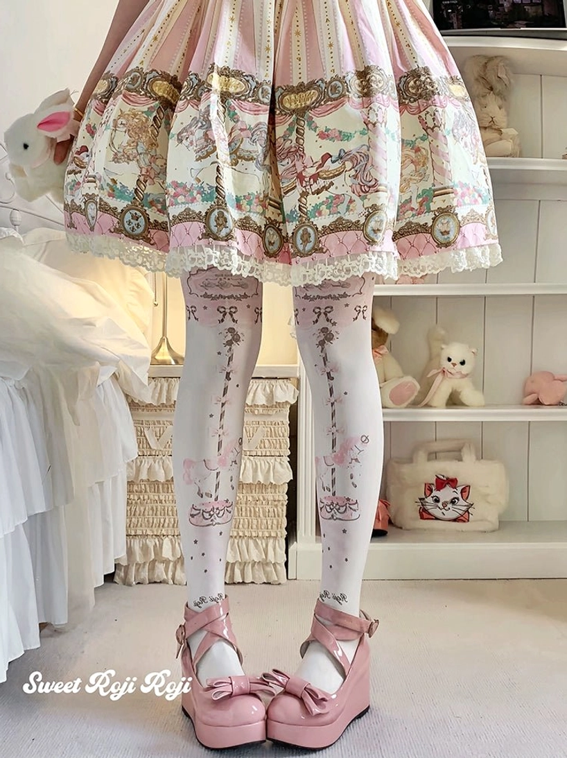 Sweet Lolita ivory carousel velvet pantyhose worn with sweet Lolita outfit pink bow platform heels cozy bedroom sweet Lolita aesthetic