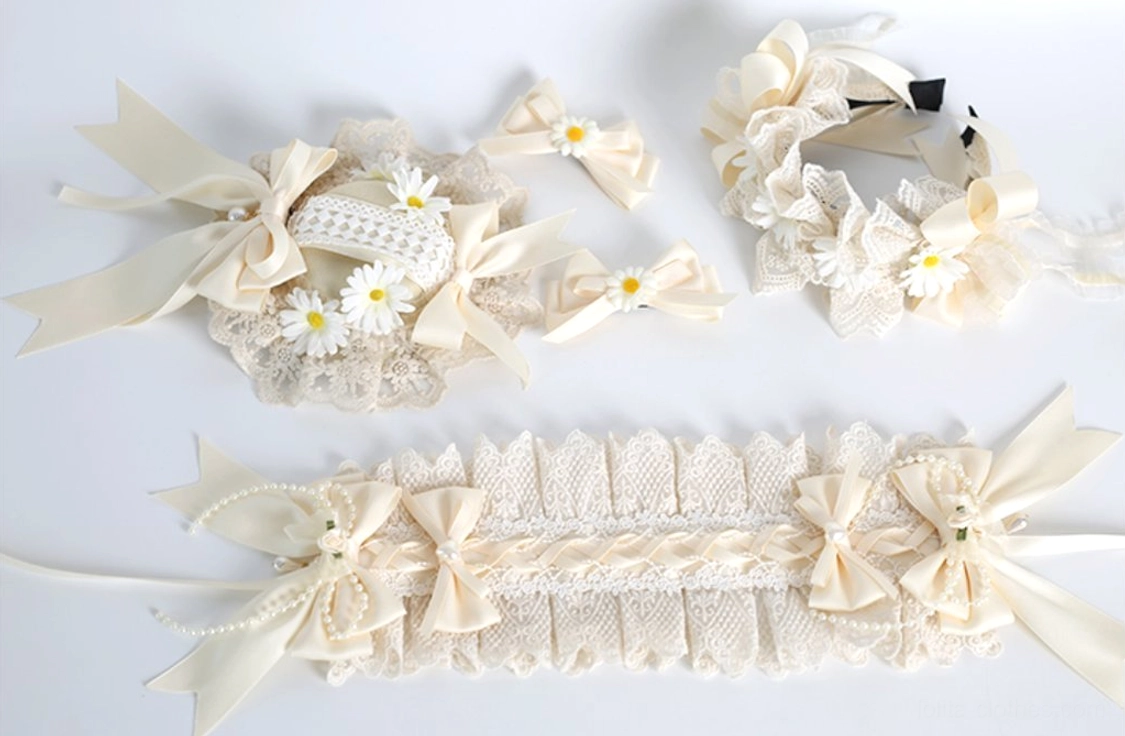 Ivory lace sweet lolita flower headband with ribbon tails and satin bow decorative elements
