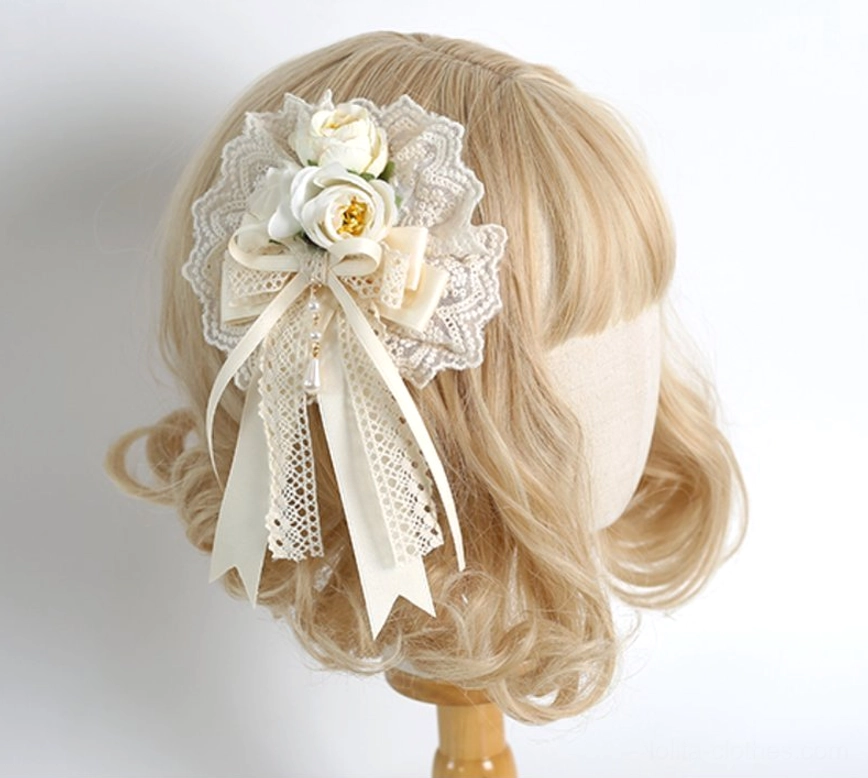 Sweet lolita ivory lace flower headband long ribbon tails romantic aesthetic garden inspired
