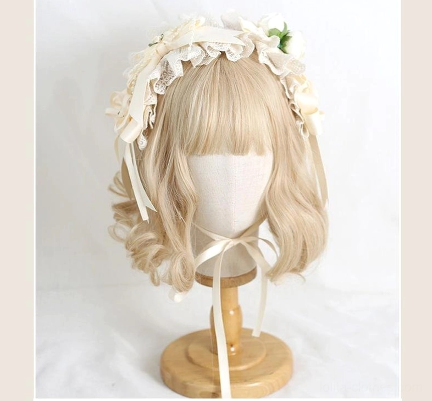 Frilled floral ivory lace hair headband with adjustable ribbon strap displayed on blonde wig stand