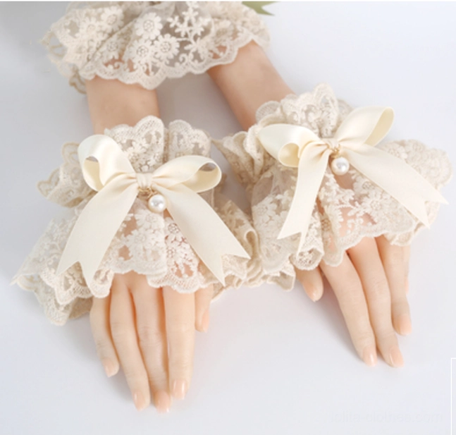 Pair of ivory lace ruffled wrist cuffs sweet lolita hand sleeves with satin bow and pearl decoration