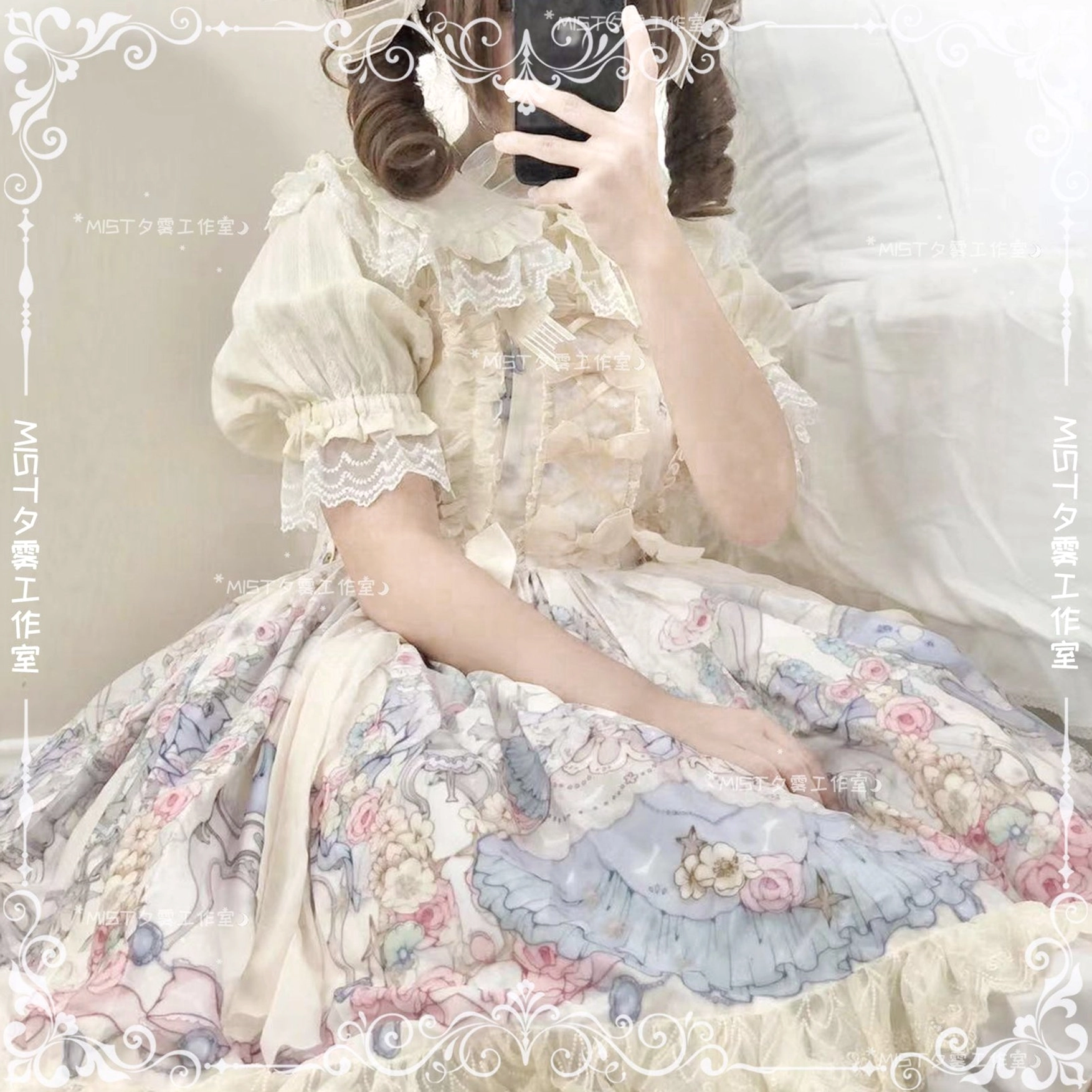 Ivory sweet lolita peter pan collar short sleeve blouse puff sleeves lace cuffs full front display mannequin
