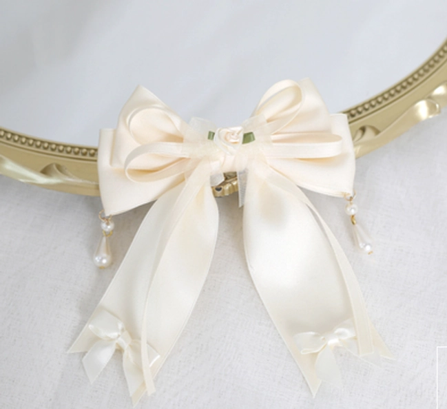 Large ivory double satin bow sweet lolita hair accessory with delicate pearl tassel pendants and lace trim