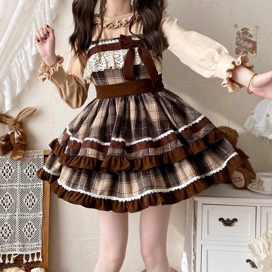 Back side view caramel cocoa tartan sweet lolita jumper skirt multi-layered ruffled hem brown velvet trim edges