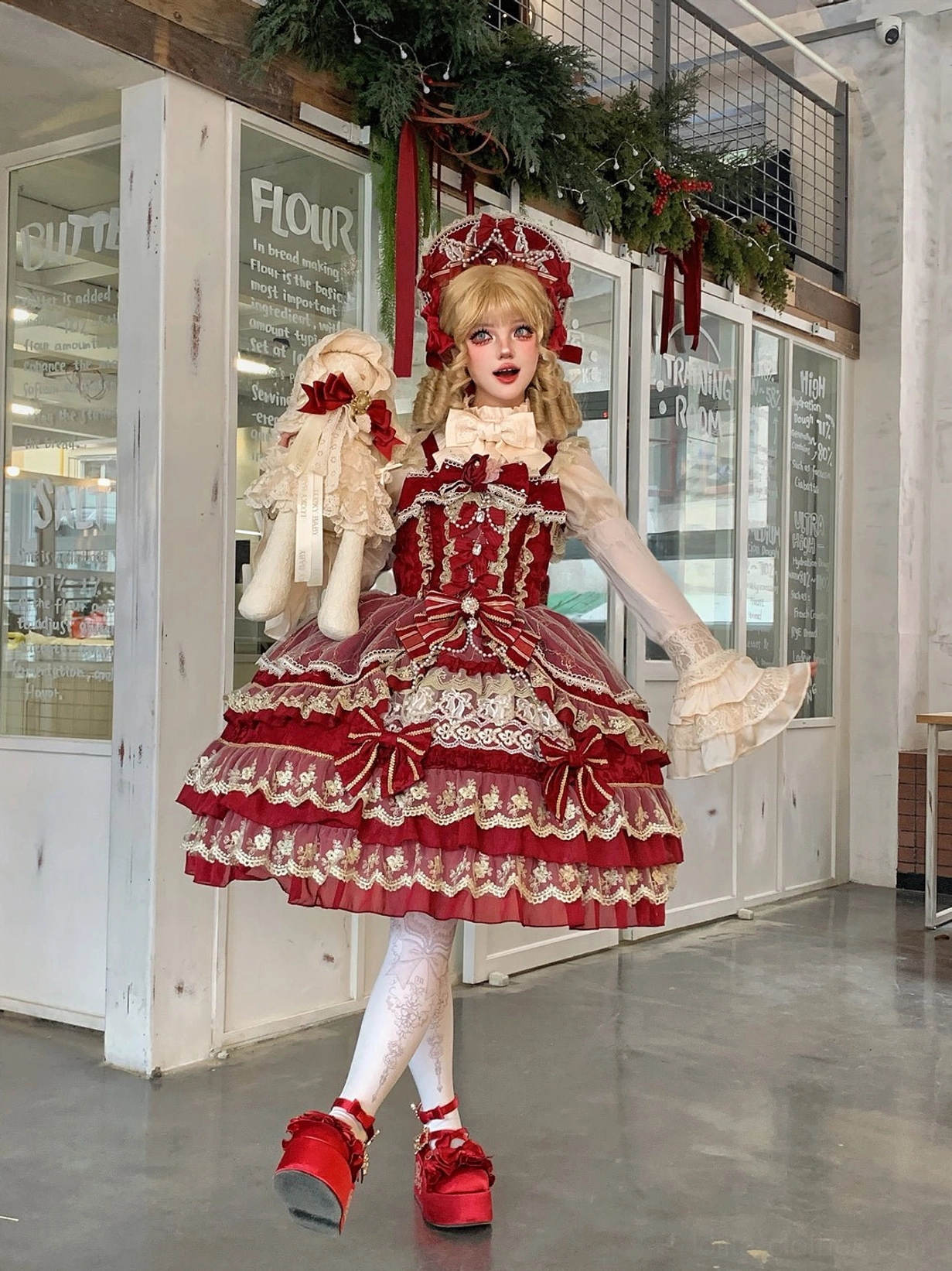 Sweet lolita JSK back view showing open-front construction and adjustable shoulder strap fitting