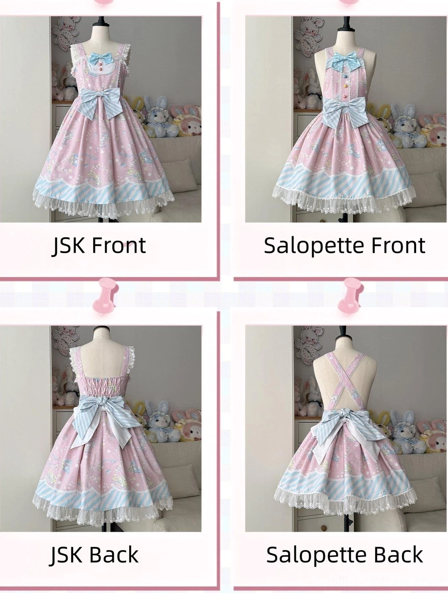 Back view of sweet Lolita jumper skirt displaying back shirring construction, rear bow arrangement, and bunny print pattern coverage from behind