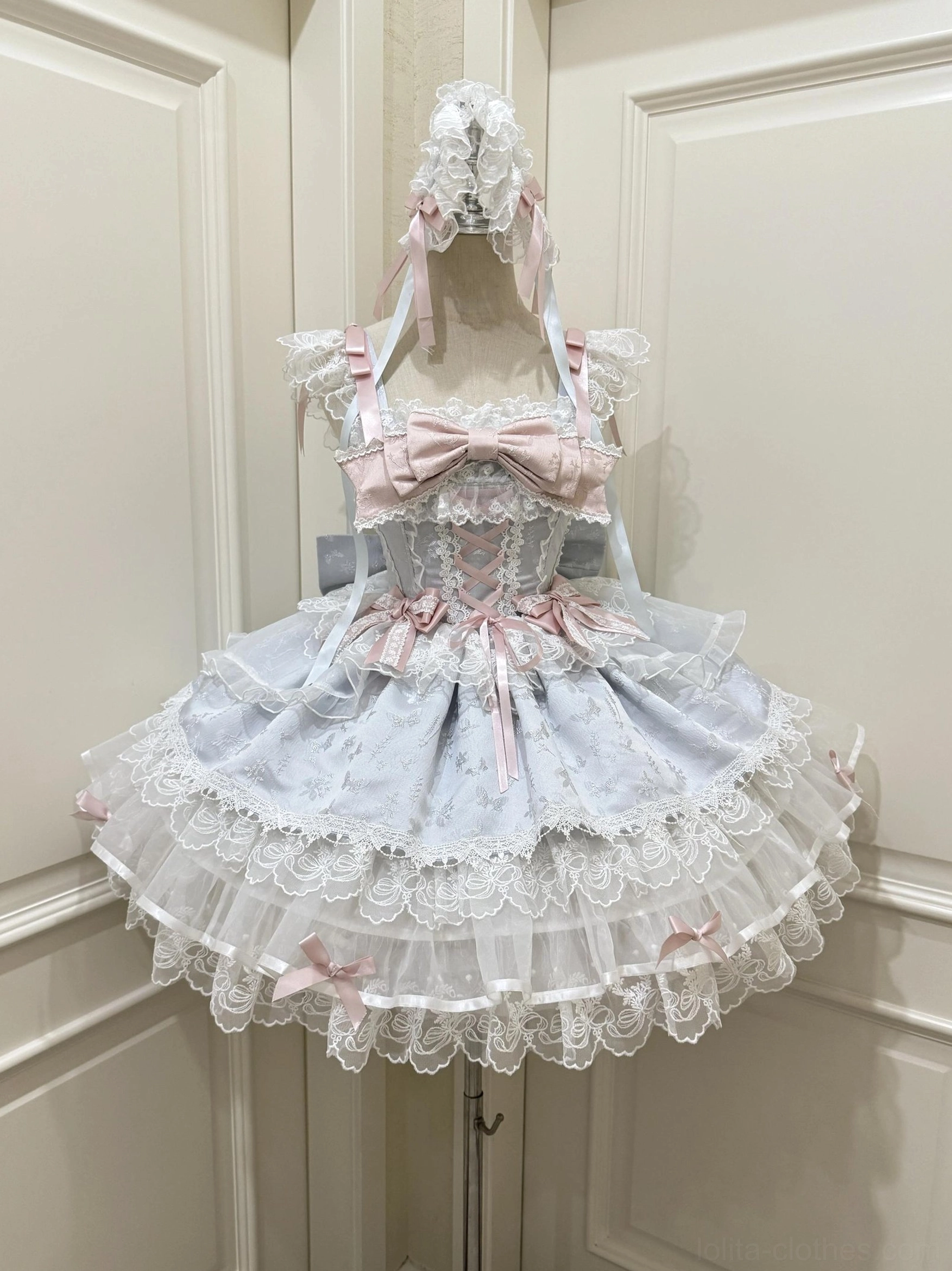 Sweet lolita ballet-style jumper dress JSK front three-quarter view light blue pink color scheme dress form