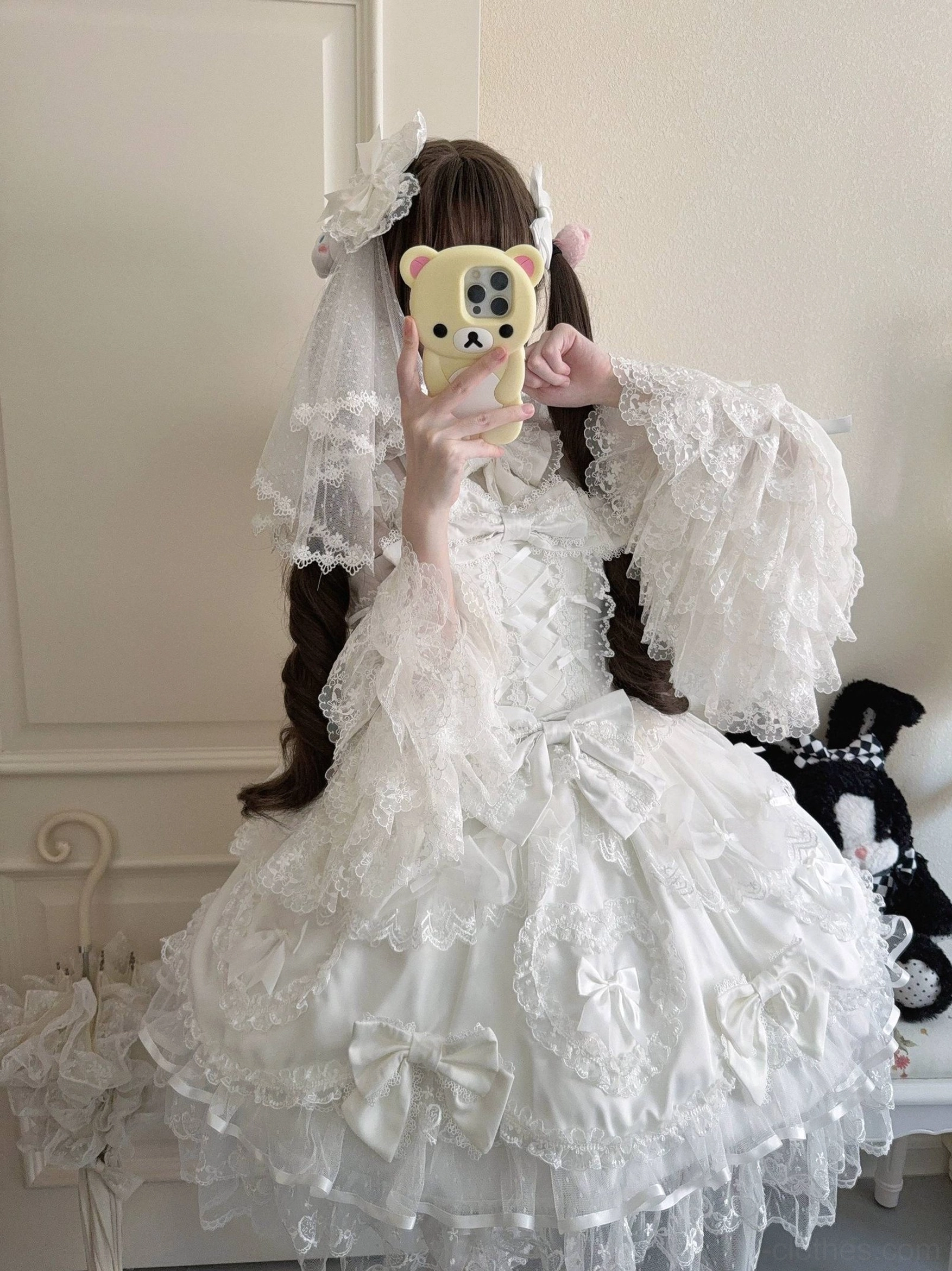 Sweet Lolita JSK jumper dress bodice embroidery heart satin bow decorative details close-up