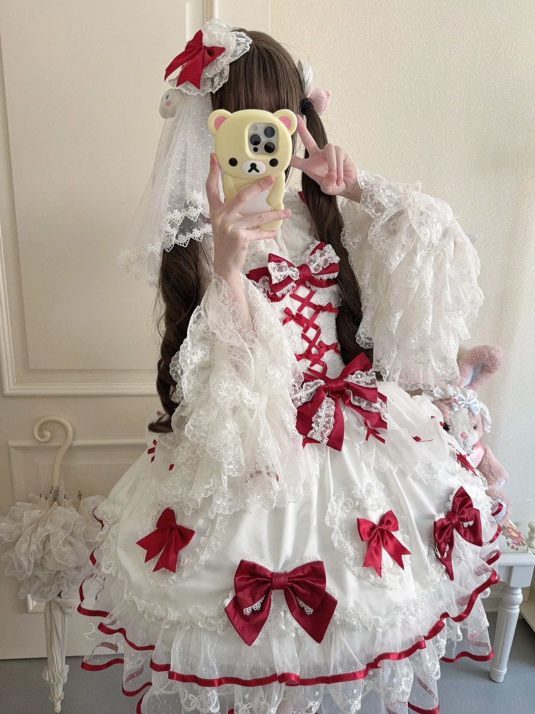 Bold red-white Sweet Lolita JSK jumper dress with head veil and trailing bow complete bundle ensemble
