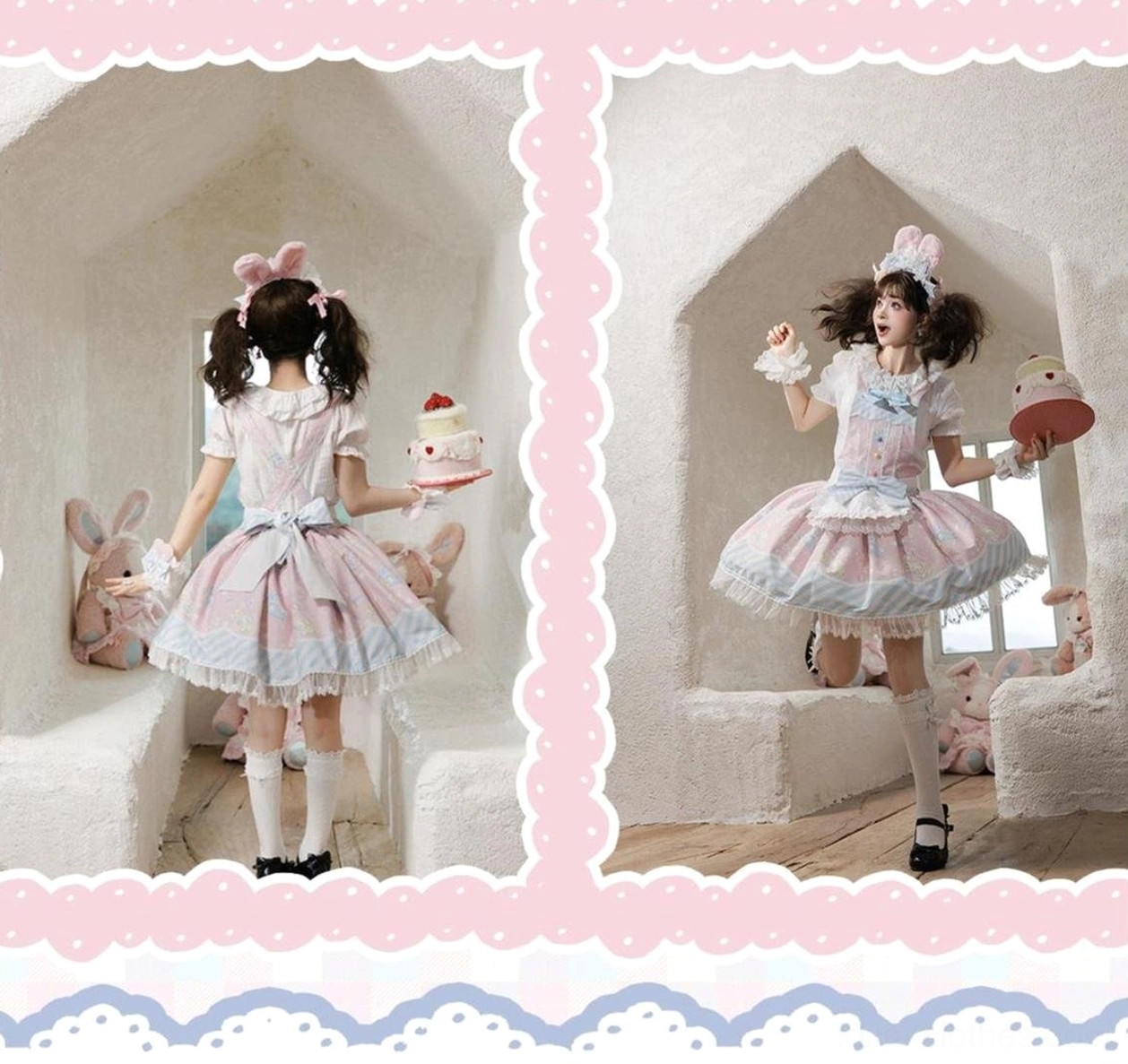 Bowknot decoration detail on sweet Lolita jumper skirt showing bow stitching, decorative ribbon quality, and bow shape precision