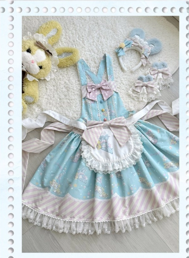Bunny ear hair accessory prop accompanying sweet Lolita jumper skirt worn by model showing accessory style, placement, and coordination
