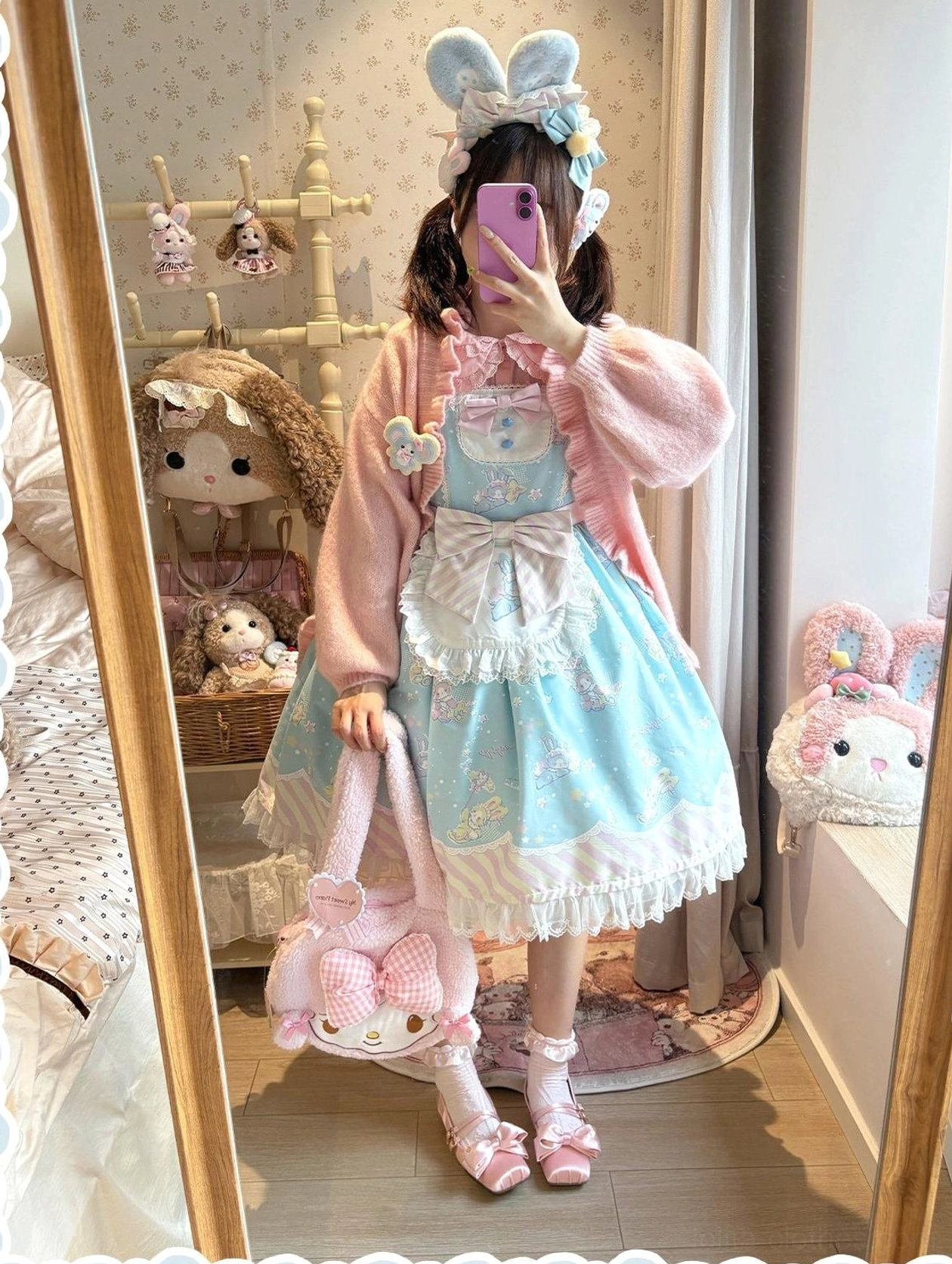 Close-up of bunny print pattern on sweet Lolita jumper skirt fabric showing print clarity, color detail, and motif placement precision