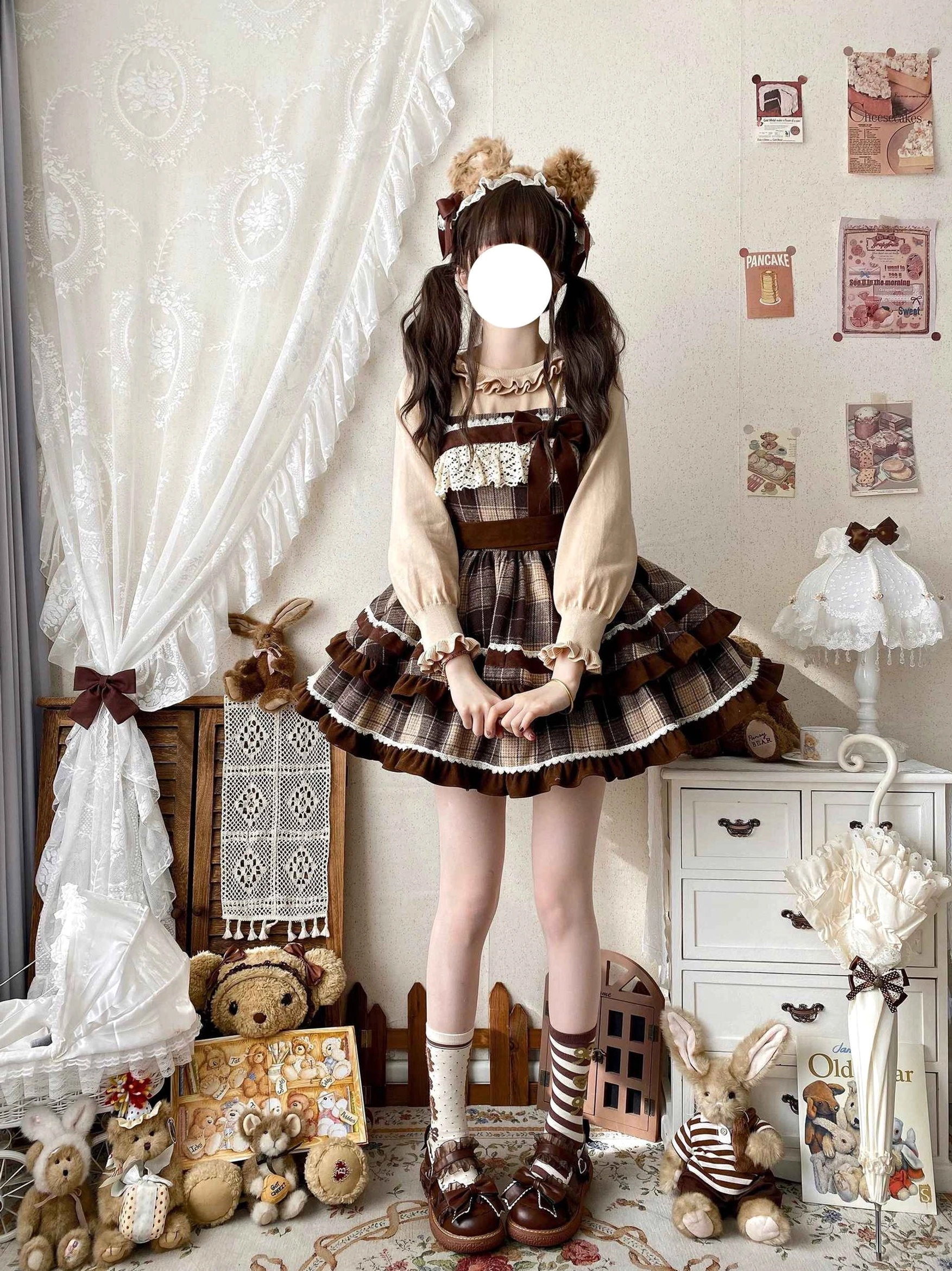 Front full-body view caramel cocoa sweet lolita dress with chain collar decoration on inner shirt classic plaid bodice