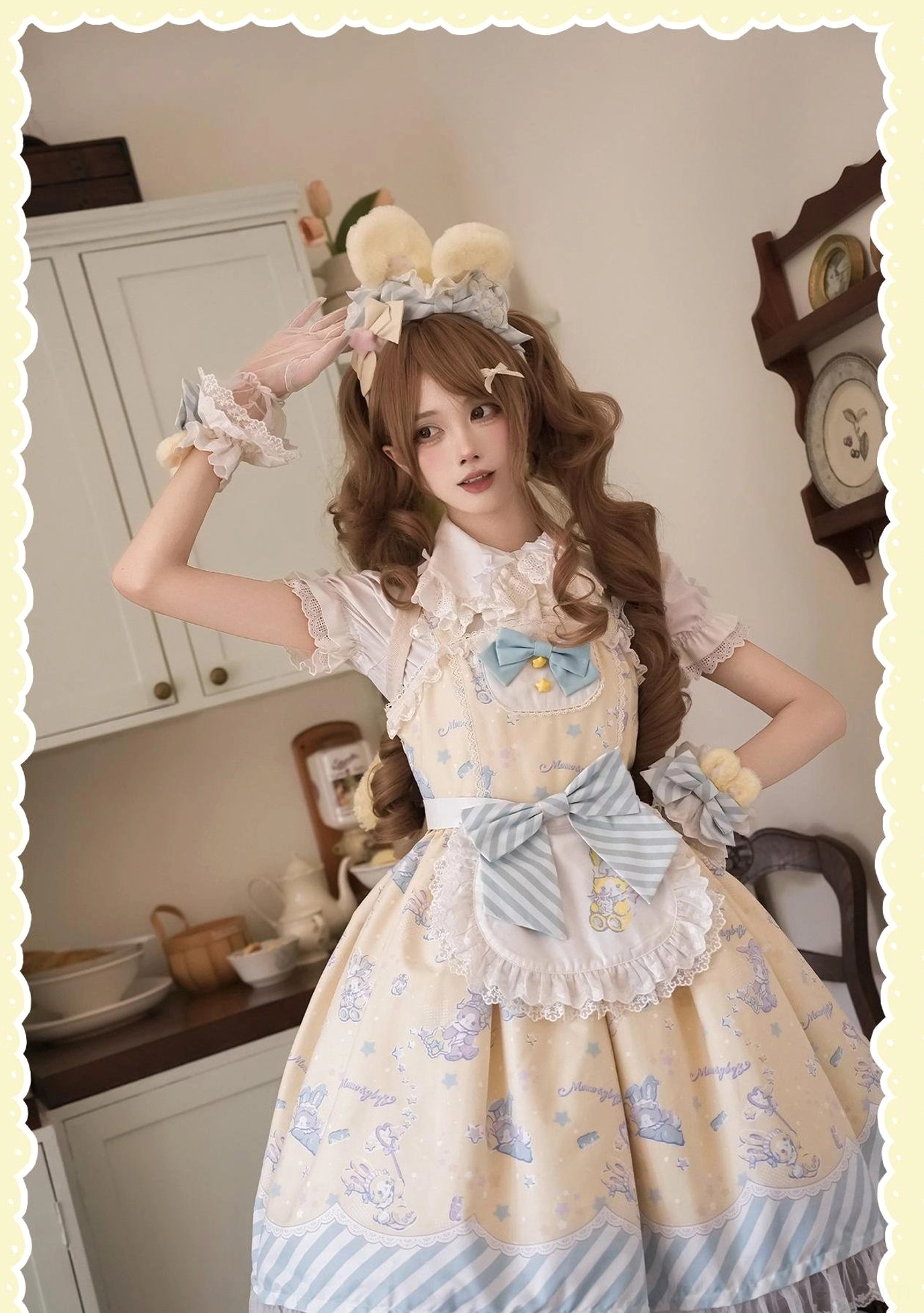 Sweet Lolita jumper skirt detail shot showcasing lace hem construction, bowknot decorations, and bunny print pattern integration with close-up perspective