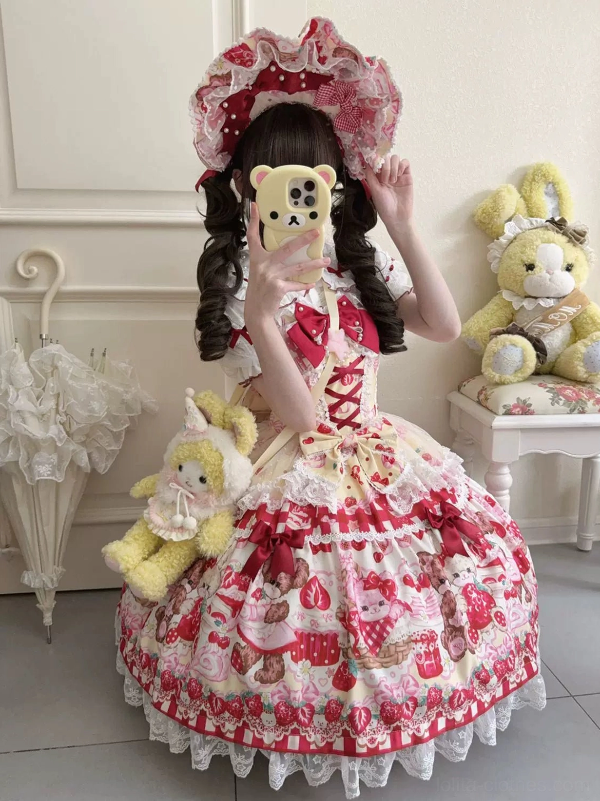 Sweet lolita tiered lace JSK dress in multiple color variations showing all available options and colorways