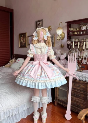 Sweet lolita jumper skirt back full-body view model wearing cat dessert print jsk with pink bow sash