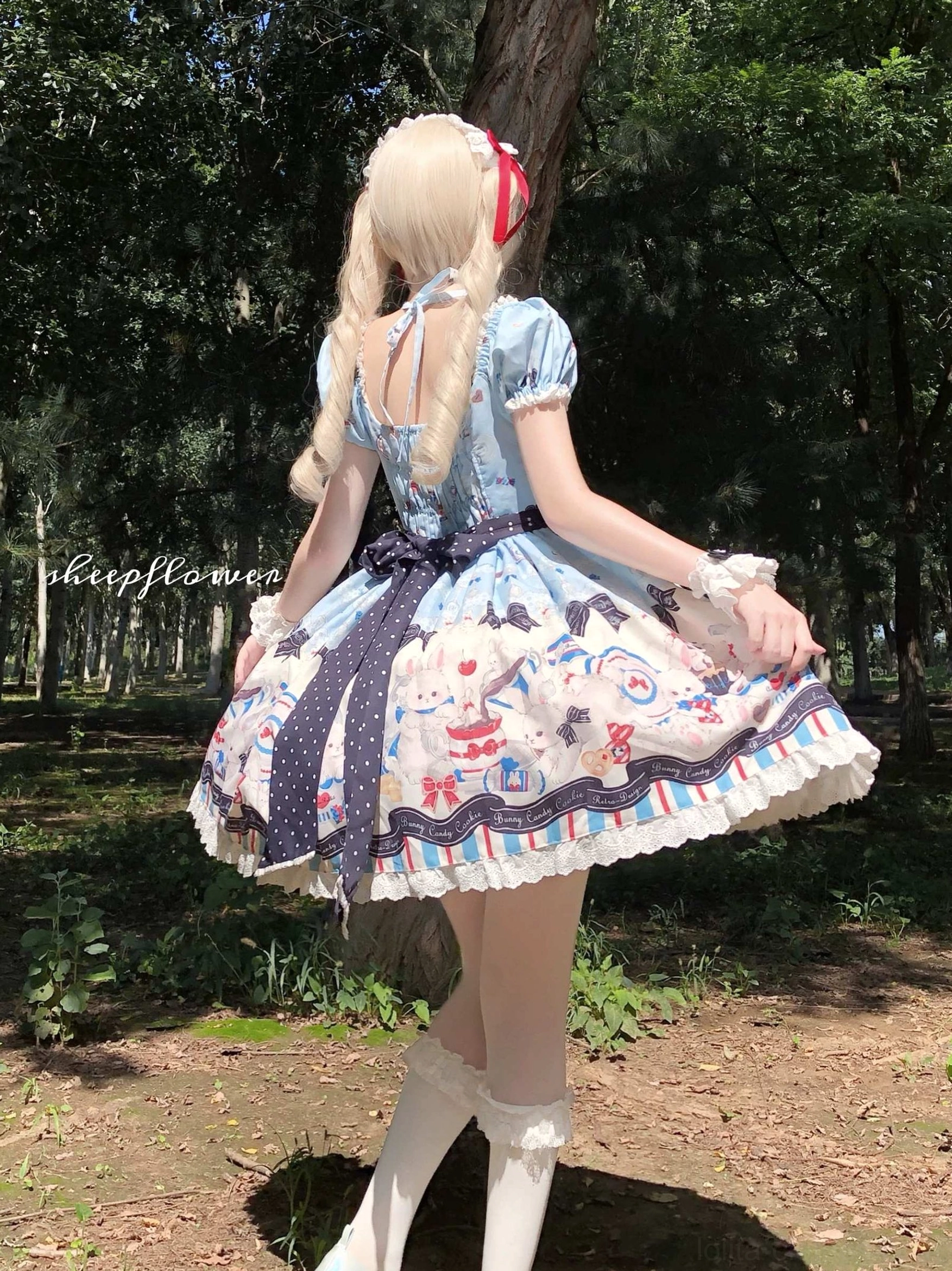 Sweet Lolita JSK dress back shirring elastic design ruffled hem striped ribbon trim bunny print allover