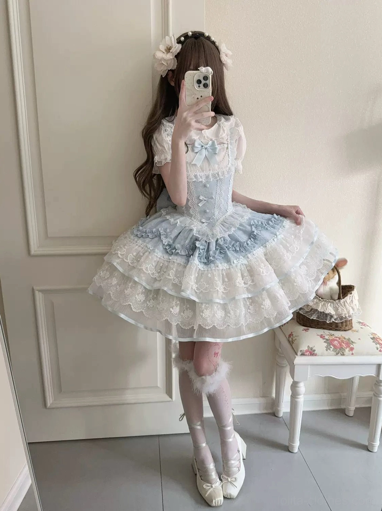 Back trailing bow accessory detail for sweet lolita JSK dress showing premium satin material, elegant bow shape, and color-coordinated design option for the jumper skirt