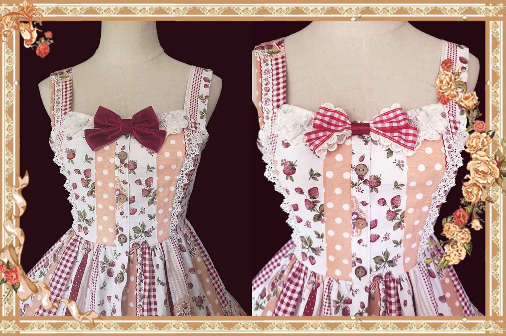 Sweet Lolita JSK dress bodice close-up detail showing two different chest styles, matching detachable bows, patchwork fabric patterns, vintage ornate frame