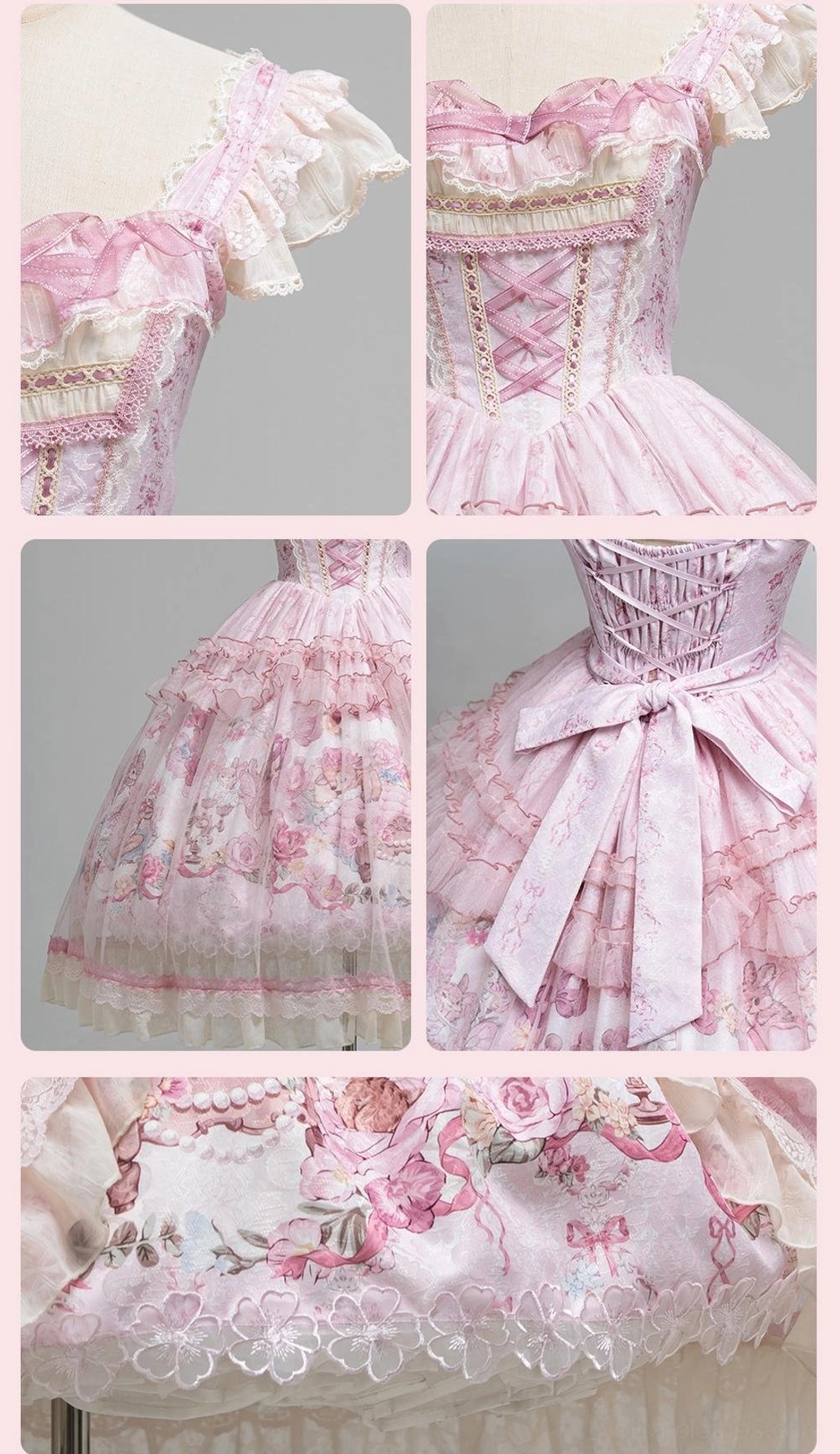 Close-up detail collage of sweet lolita JSK dress neckline corset bodice skirt panels waist bow featuring delicate pink lace and romantic print