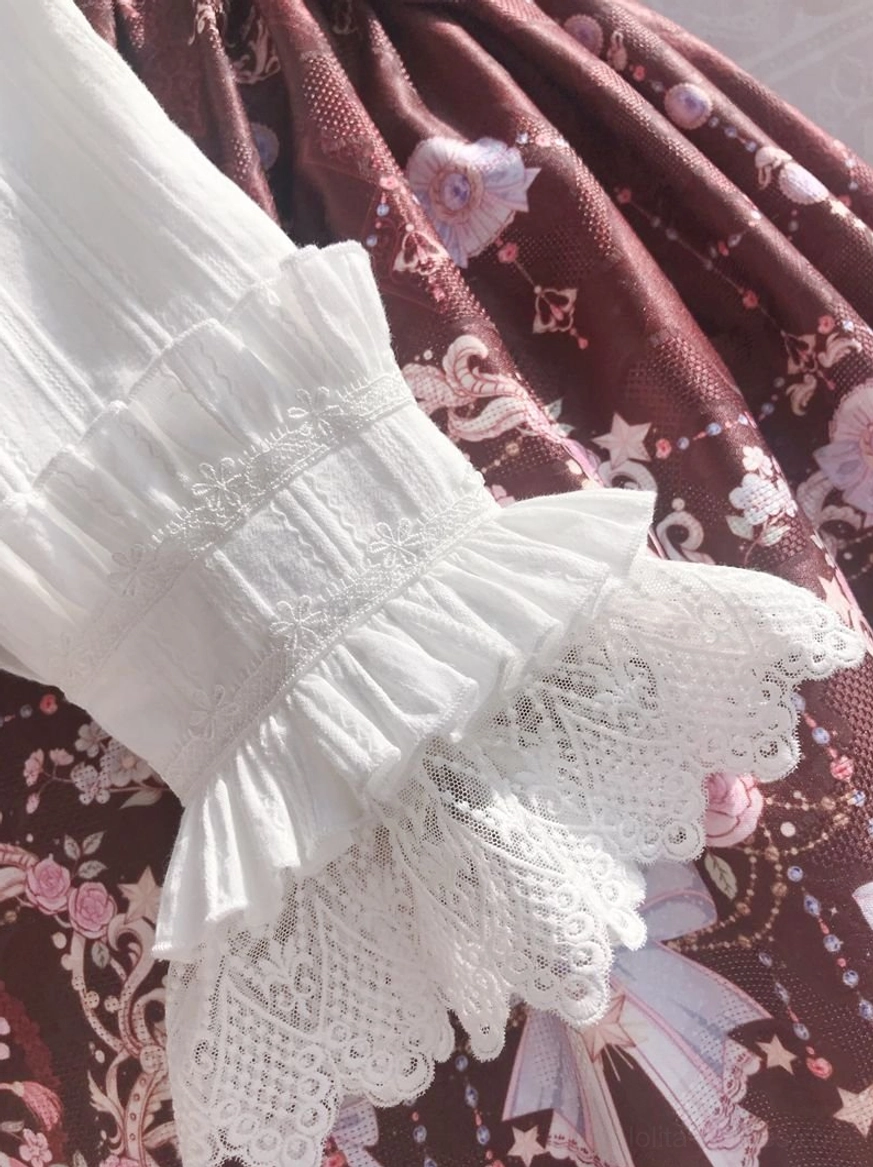 Sweet lolita JSK dress color collection swatches showing beige pink sky blue and burgundy coffee options with vintage floral print details