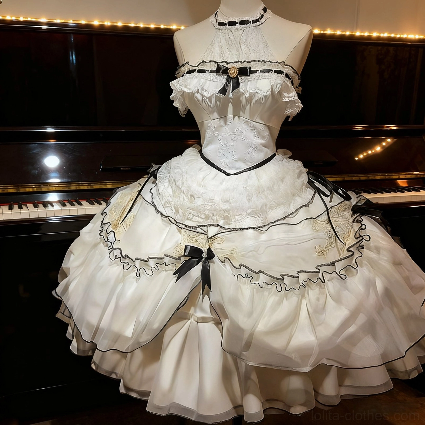 Front close-up of sweet lolita JSK dress on mannequin showing embroidered lace bodice, layered ruffled skirt with black bows and trims, fluffy tulle silhouette near black grand piano