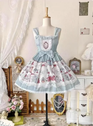 Sweet lolita JSK dress front display on vintage mannequin with kitchen-rabbit printed design square neckline and chest cameo decoration
