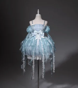 Sweet lolita jumper skirt on mannequin displaying front full-body view with shell-shaped neckline, white embroidery, front satin bow, and layered bubble skirt