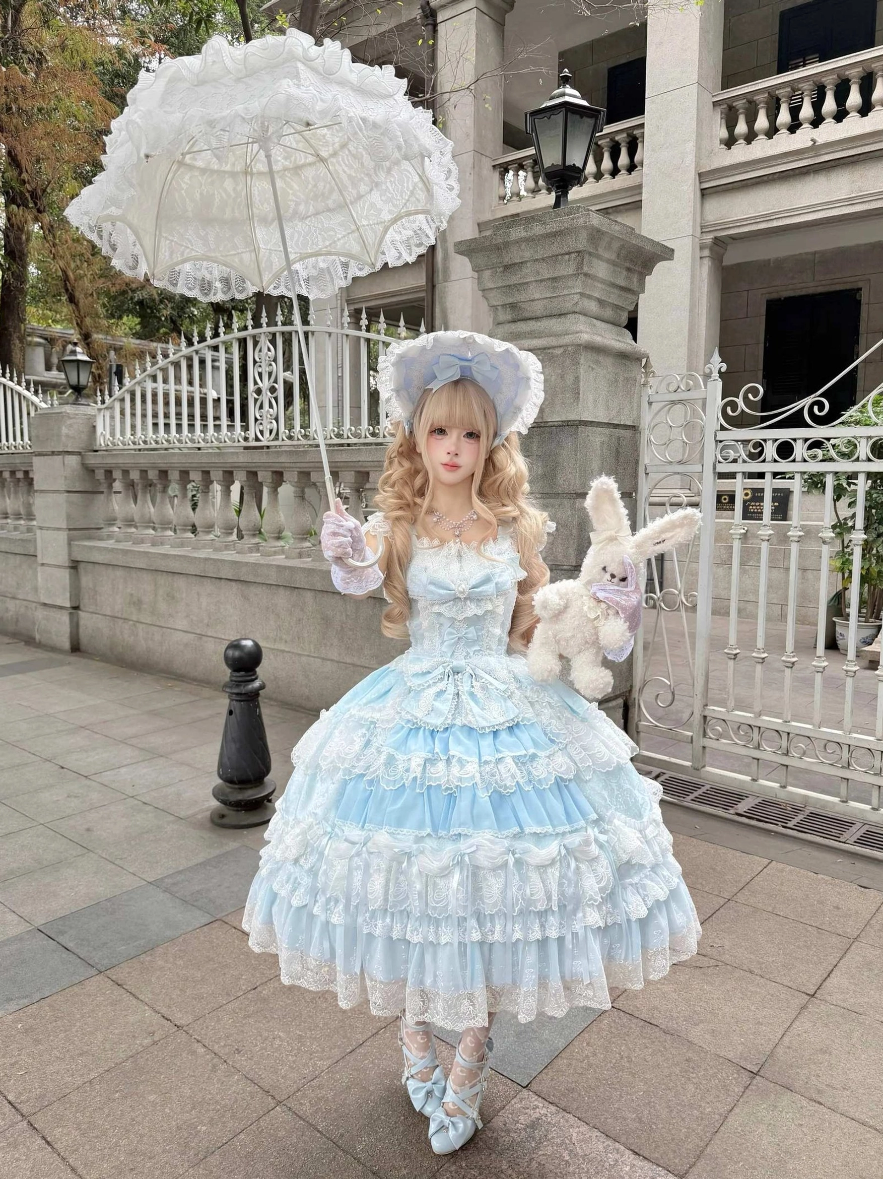 Sweet lolita tiered JSK dress high waist silhouette with elastic back shirring and lace-up design fitting diverse body types