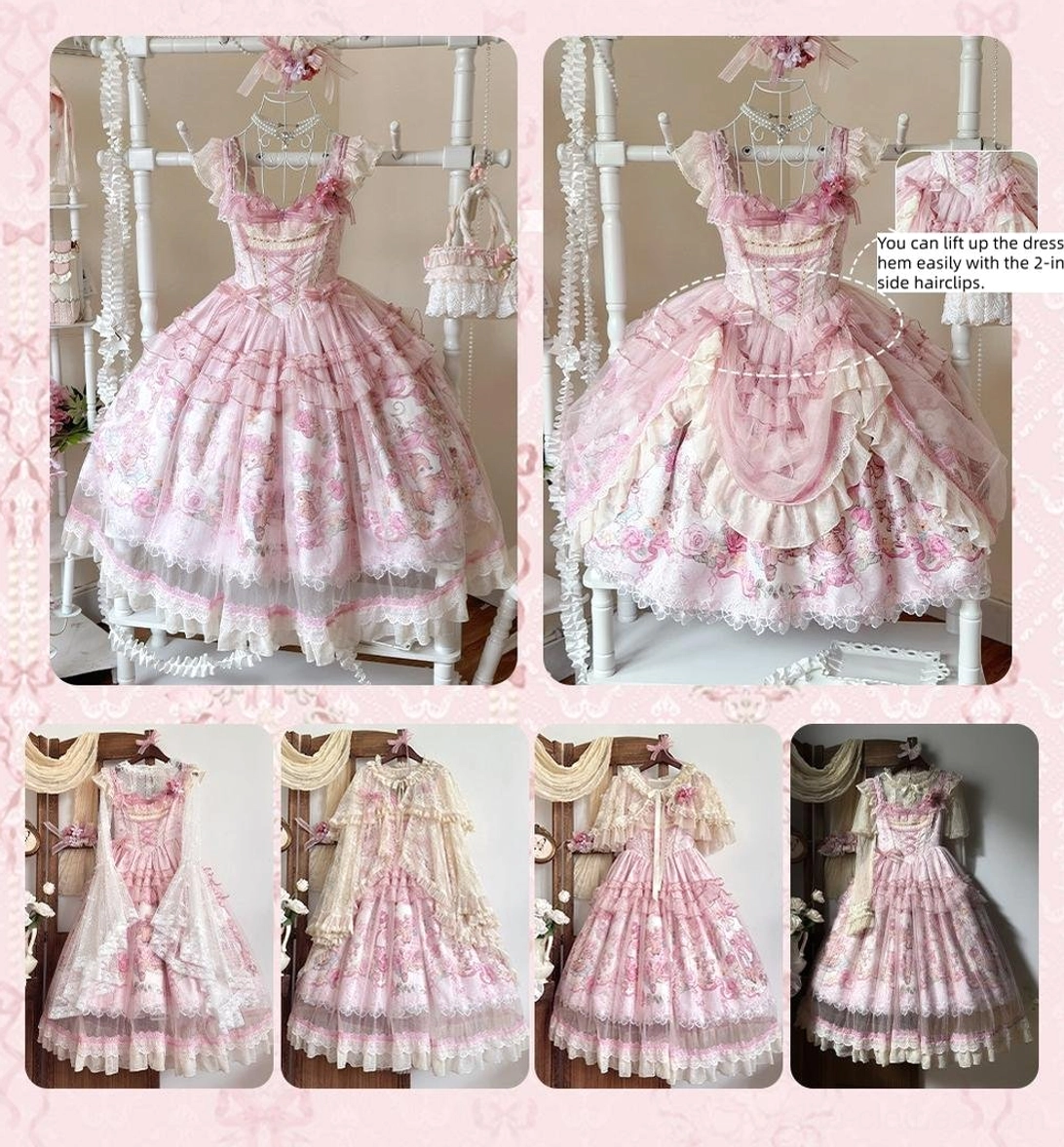 Indoor clothing rack display of sweet lolita JSK dress multiple angles with matching Lolita hair accessories on white display stands