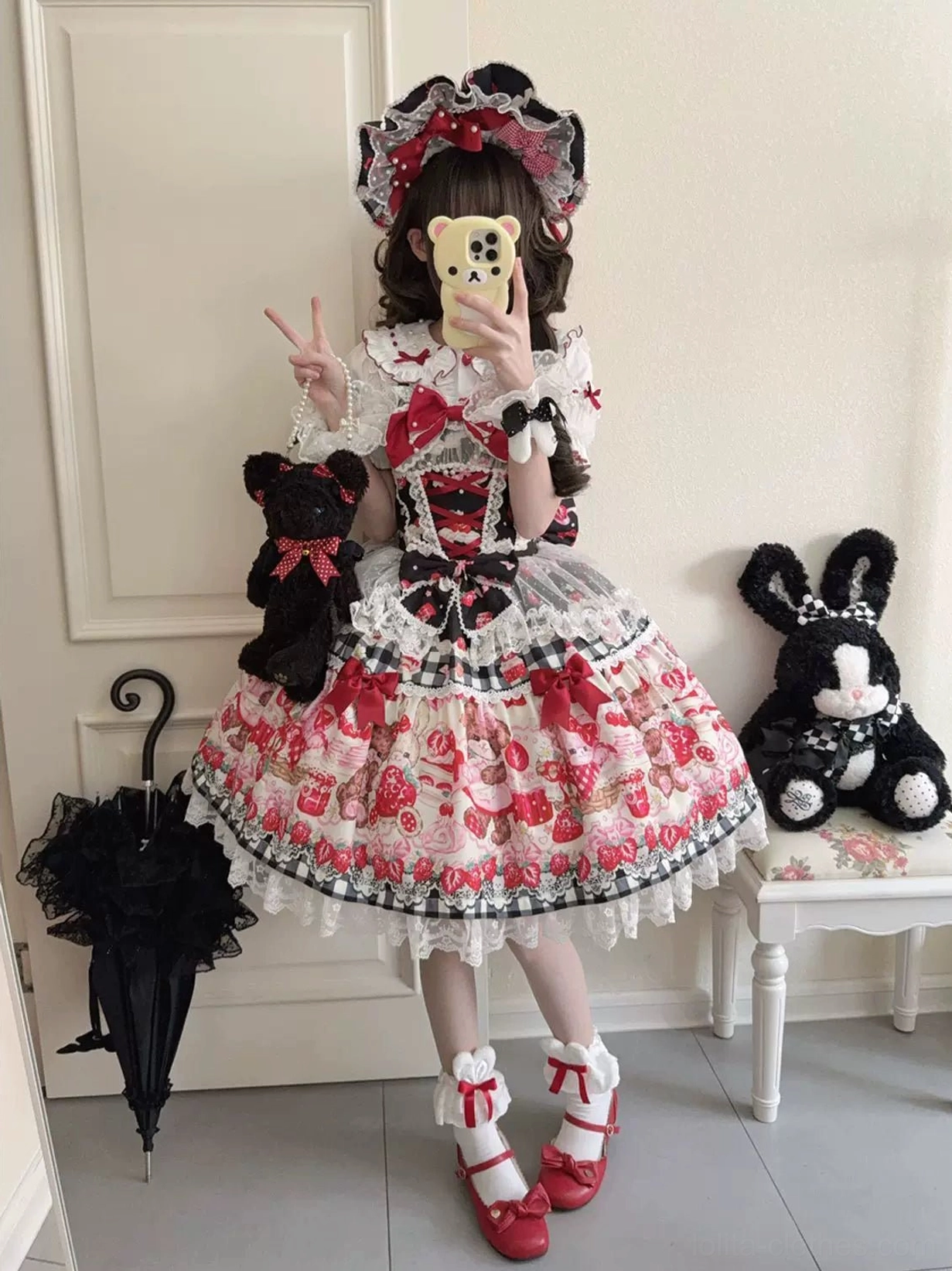 Sweet lolita strawberry bear tiered lace JSK dress paired with matching bonnet and coordinating accessories