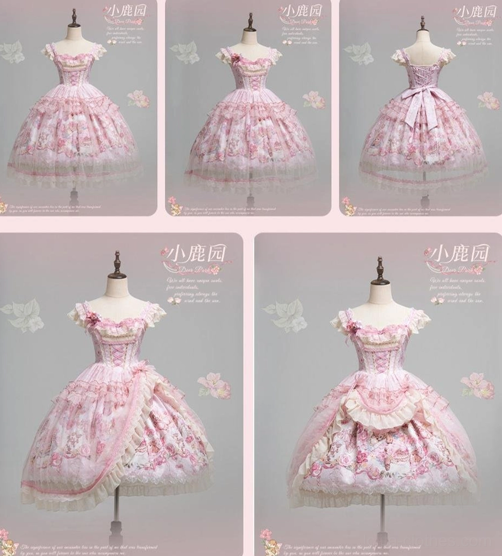 Multi-angle sweet lolita jumper skirt product display showing front side back views highlighting waist bow lace trim and floral print details