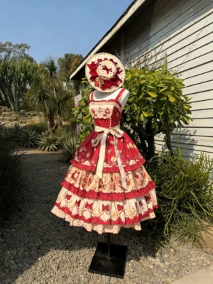 Sweet lolita jumper skirt with square neckline front waist bow sash and tiered ruffled hem displayed on model in outdoor suburban yard with matching bonnet and fruit print design