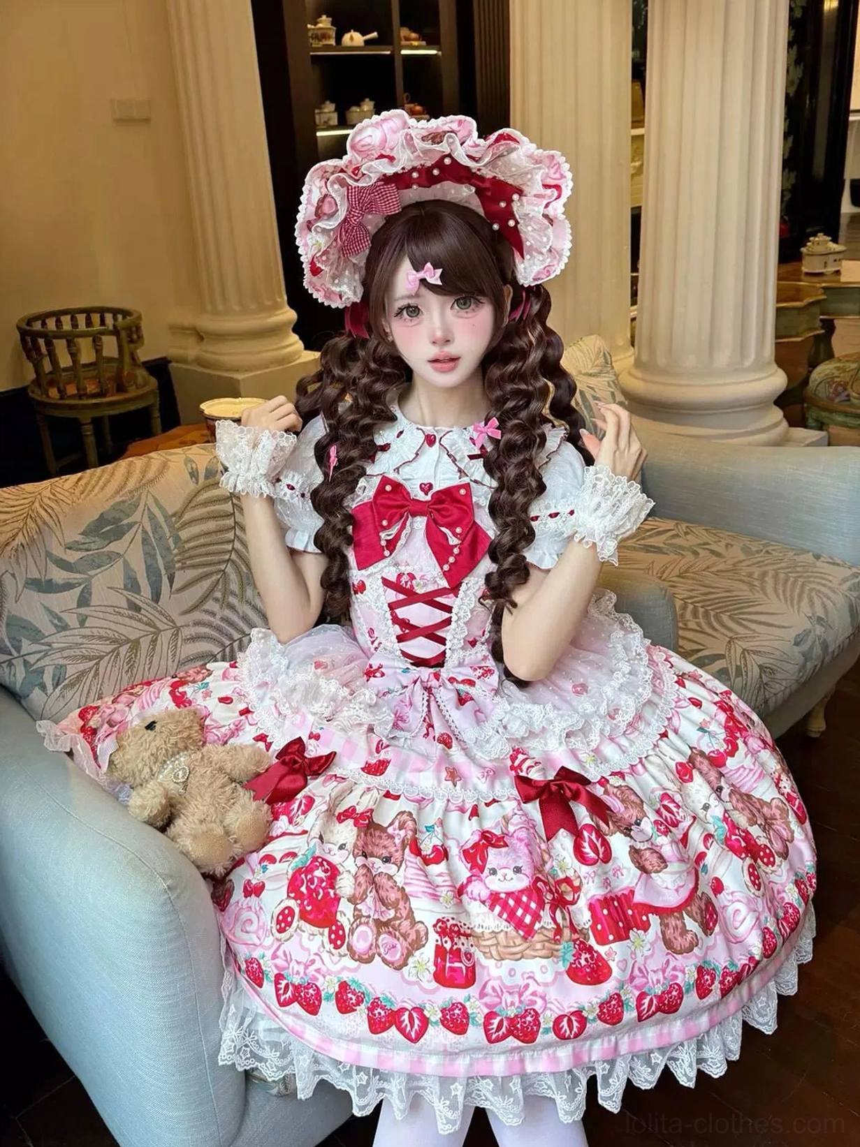 Sweet lolita strawberry bear tiered lace JSK dress side view showcasing silhouette with adjustable shoulder straps